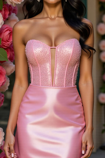 Sparkly Pink Corset Bodycon Mini Cocktail Dress with Beading